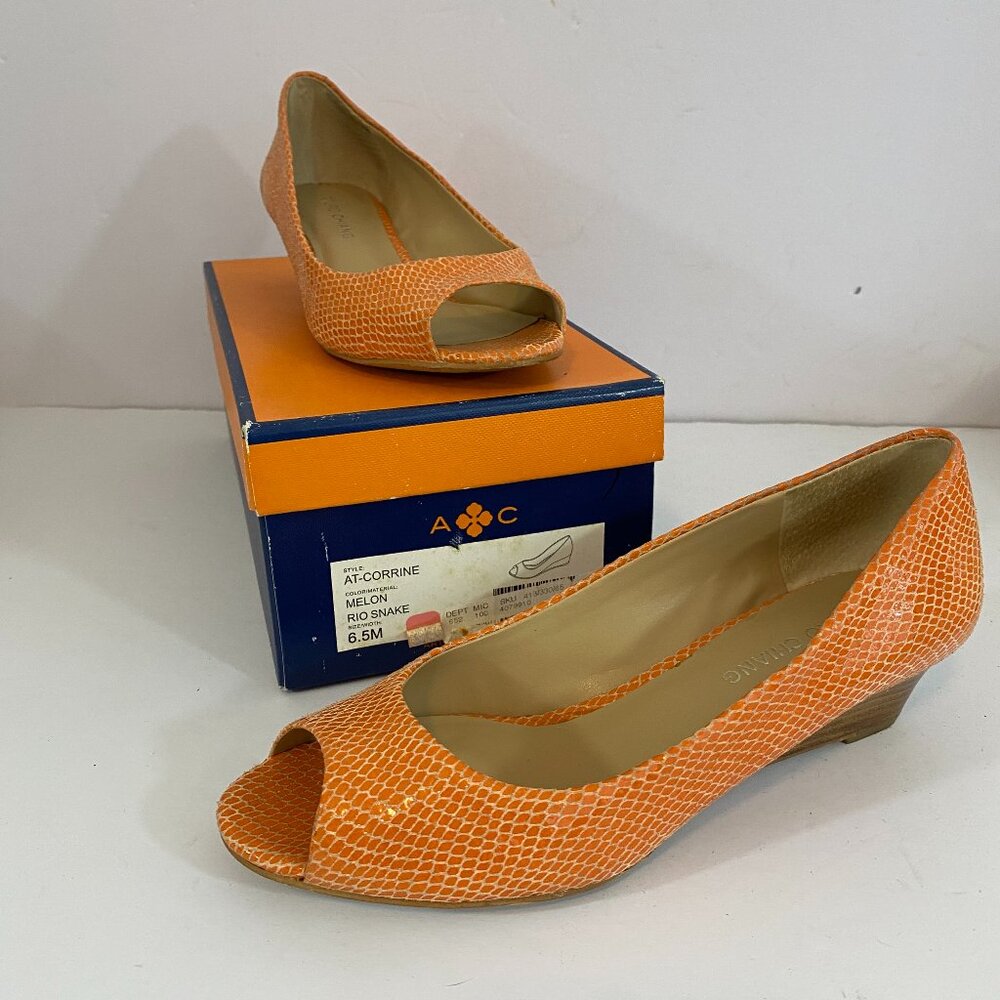Arturo Chiang Rio Snake Melon Peep Toe Wedges Womens 6.5M Orange